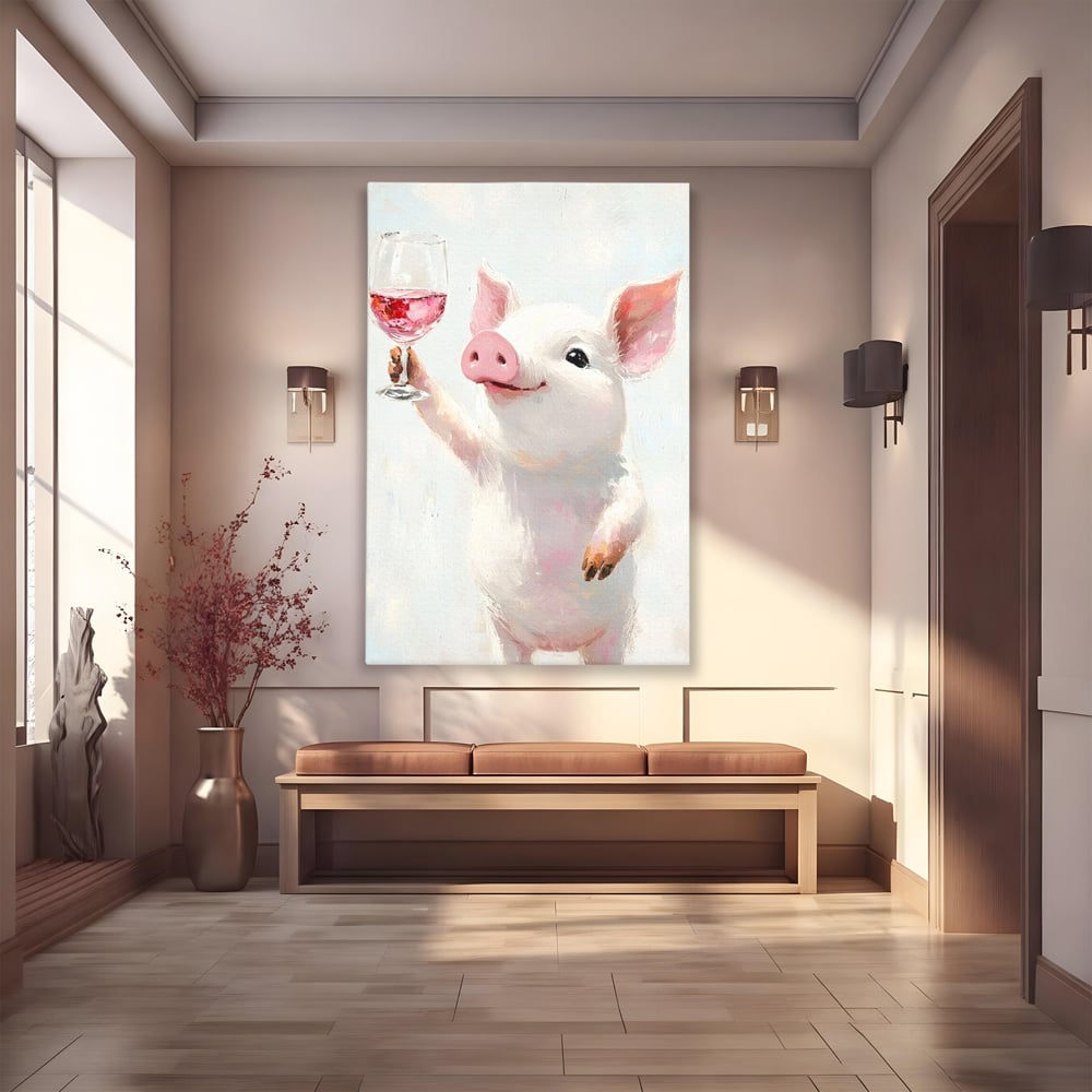 Tablou canvas cu tablou canvas cu purcelus si pahar de vin, fara rama, pe sasiu de lemn